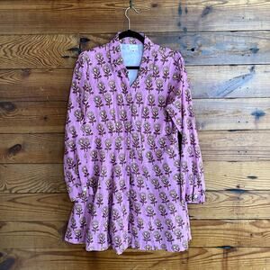 Livro Long Sleeve Pink Floral Cotton Mini Dress Medium